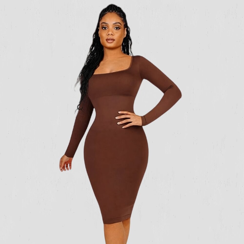 Magic Sculpt Built-In Shapewear Dress, Long Sleeve Chocolate